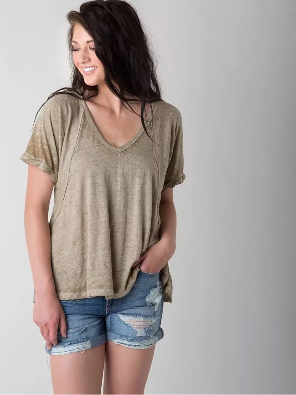 We the Free by Free People Burnout Free Fallin V Neck T Shirt Olive Green XS